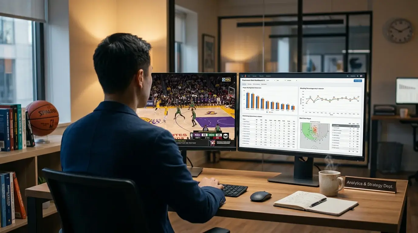Analista revisando estadísticas de equipos NBA en múltiples pantallas con datos de rendimiento