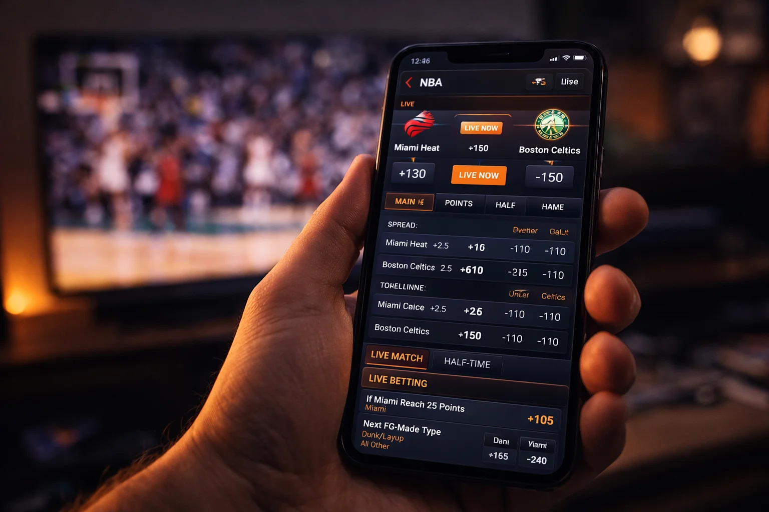 Smartphone mostrando aplicacion de apuestas deportivas con partido NBA en pantalla