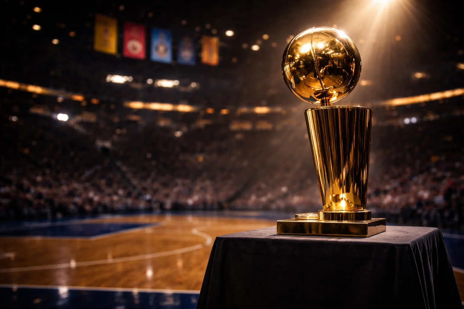Trofeo Larry O'Brien de campeón de la NBA iluminado sobre fondo de cancha de baloncesto