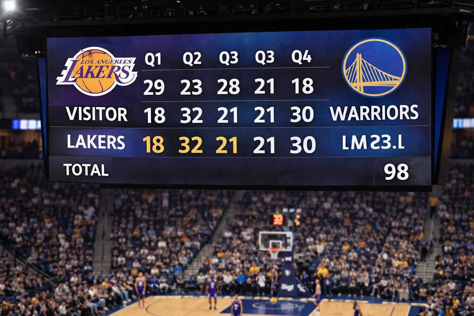 Marcador de cancha NBA mostrando puntuación por cuartos durante un partido profesional
