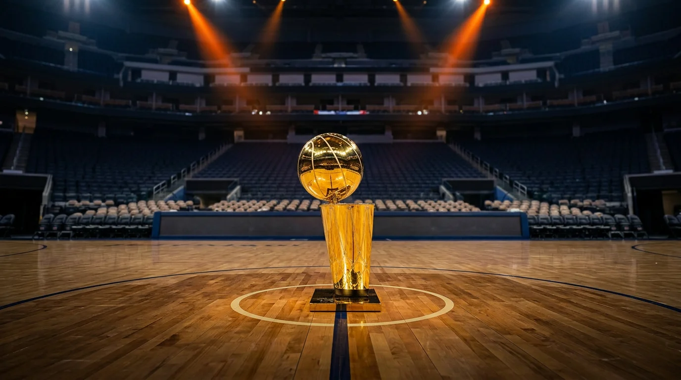 Trofeo Larry O Brien de campeon NBA en cancha de baloncesto profesional