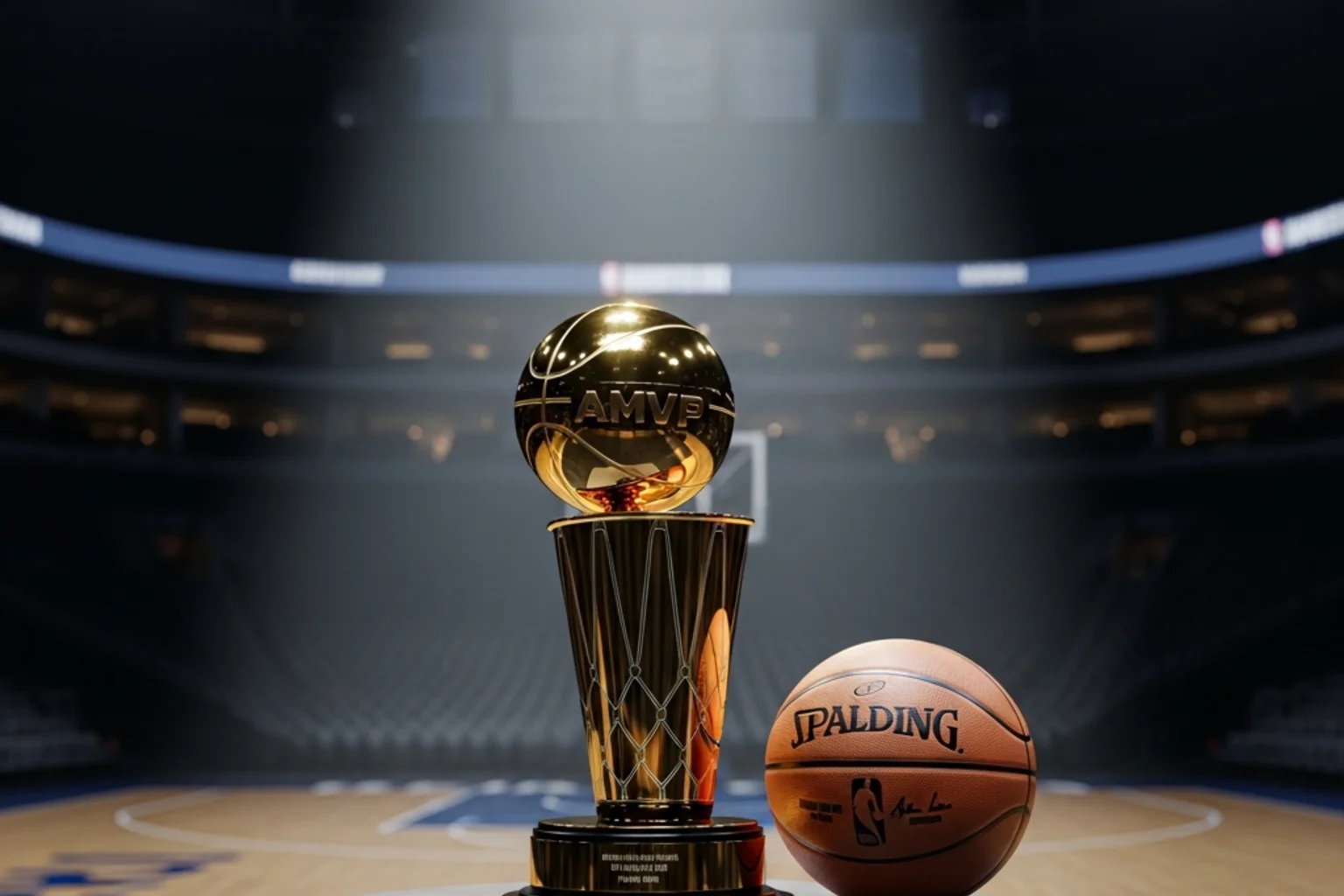 Trofeo MVP de la NBA sobre una mesa con balón de baloncesto y luces de estadio al fondo