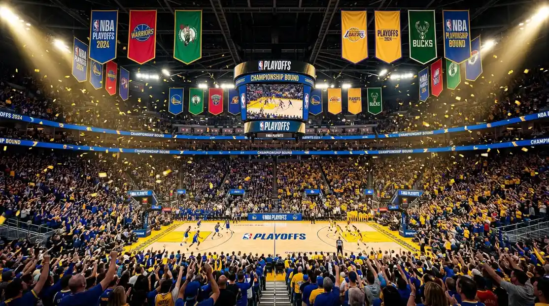 Cancha de baloncesto NBA decorada para playoffs con confeti y ambiente de celebración