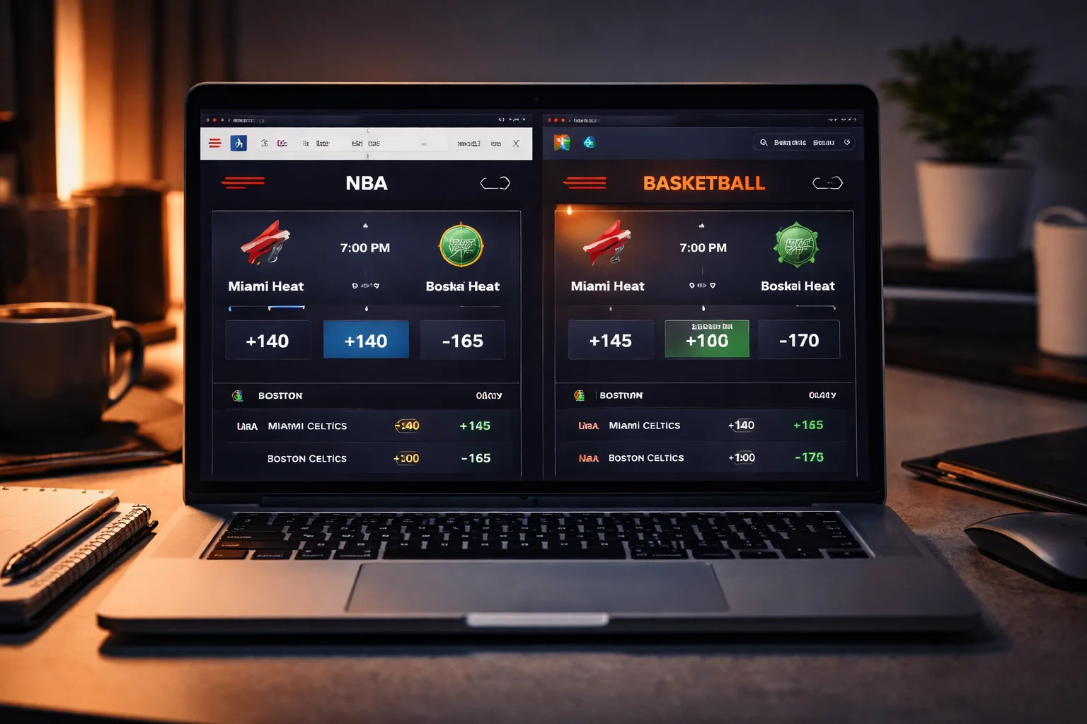 Pantalla de ordenador mostrando cuotas de apuestas NBA en dos casas diferentes para arbitraje
