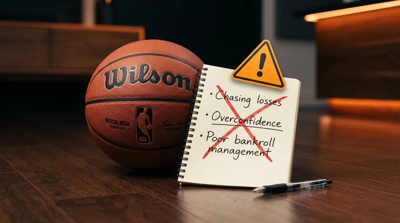 Balon de baloncesto NBA junto a señales de advertencia sobre errores comunes
