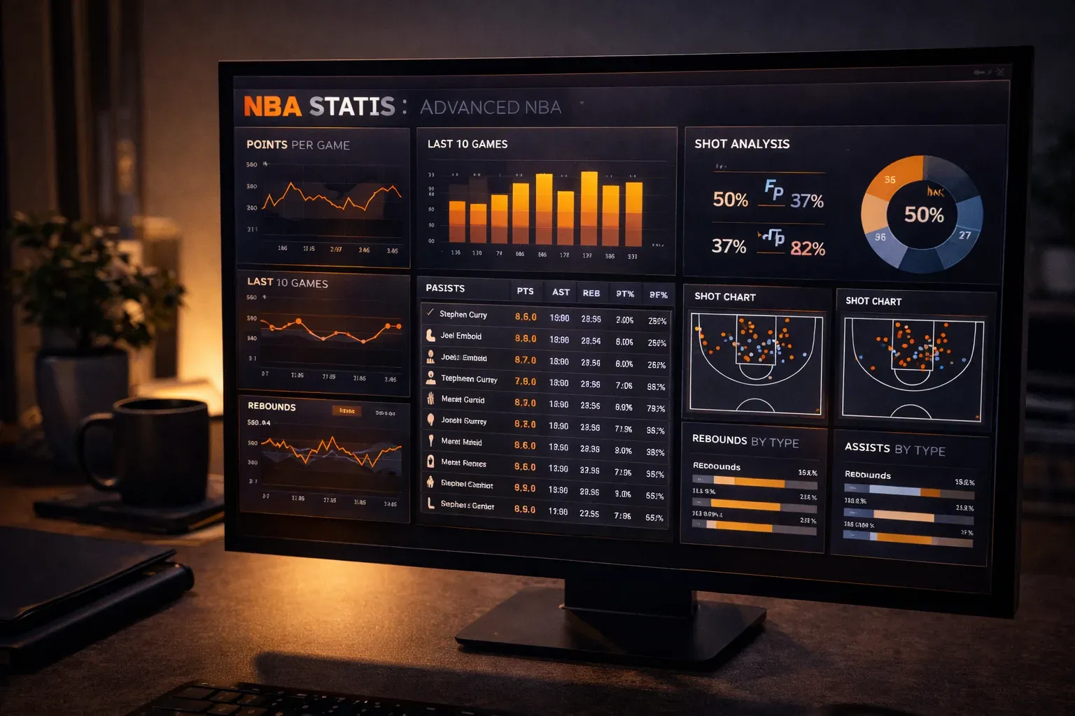 Pantalla de ordenador con graficos y estadisticas avanzadas de baloncesto NBA