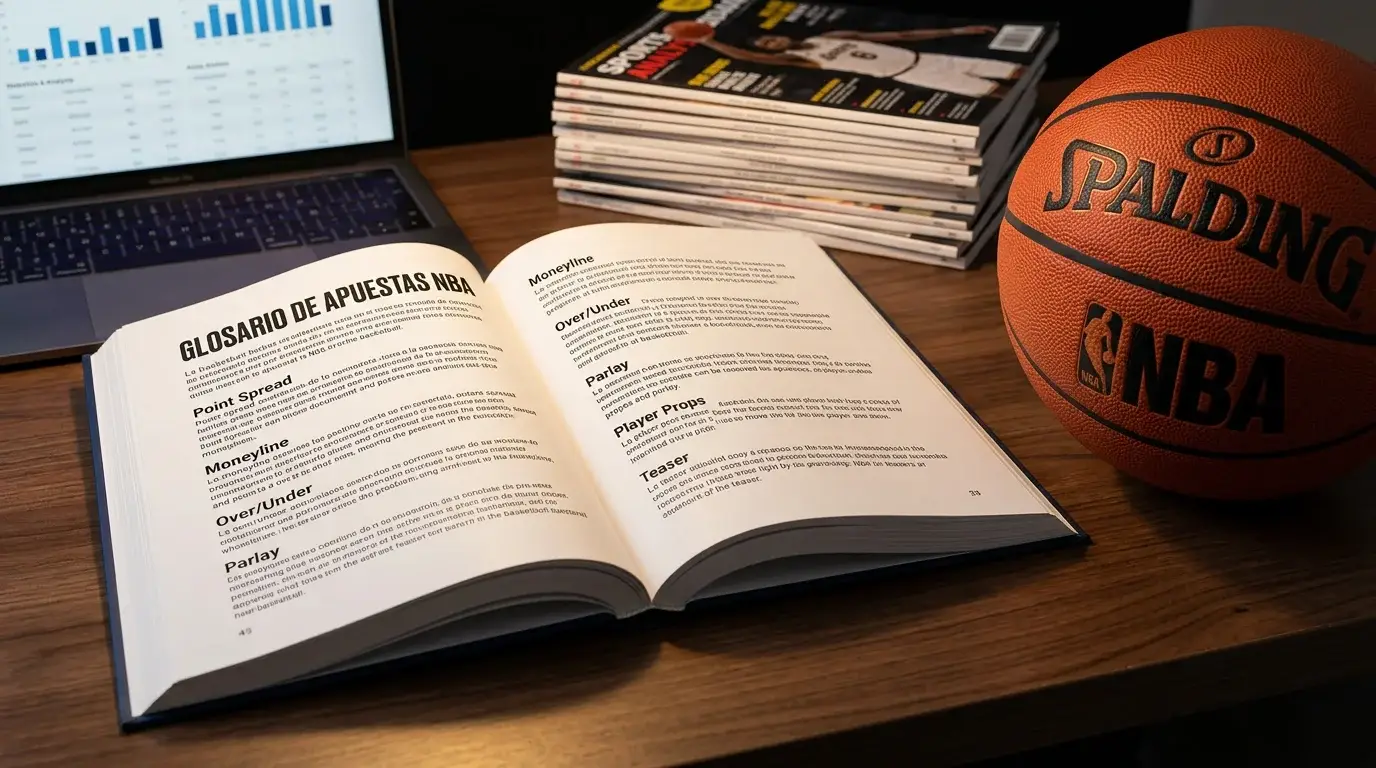 Libro abierto con terminos de apuestas deportivas y balon de baloncesto NBA