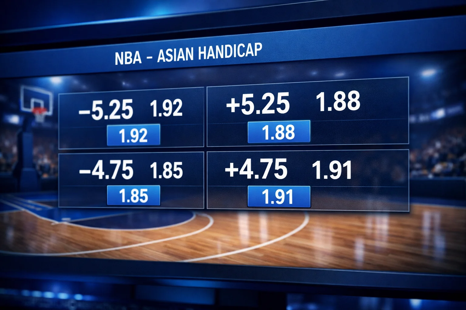 Pantalla de apuestas mostrando líneas de hándicap asiático en un partido de baloncesto NBA