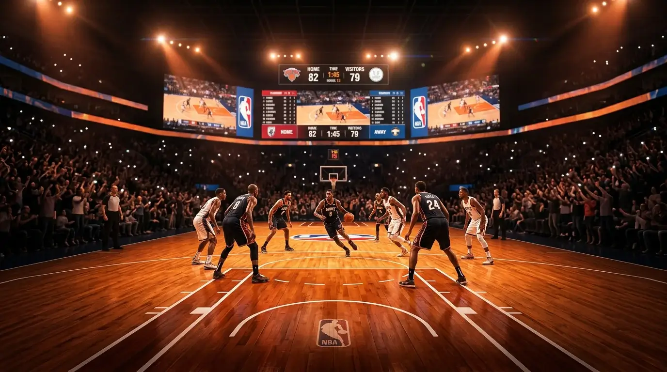 Cancha de baloncesto NBA con estadísticas y gráficos de apuestas superpuestos