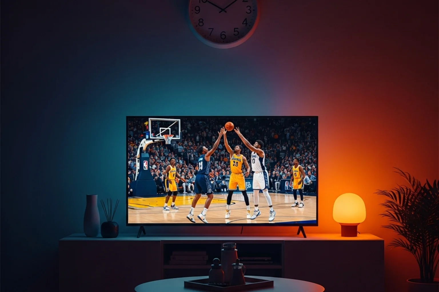Reloj mostrando hora nocturna con partido de baloncesto NBA en television