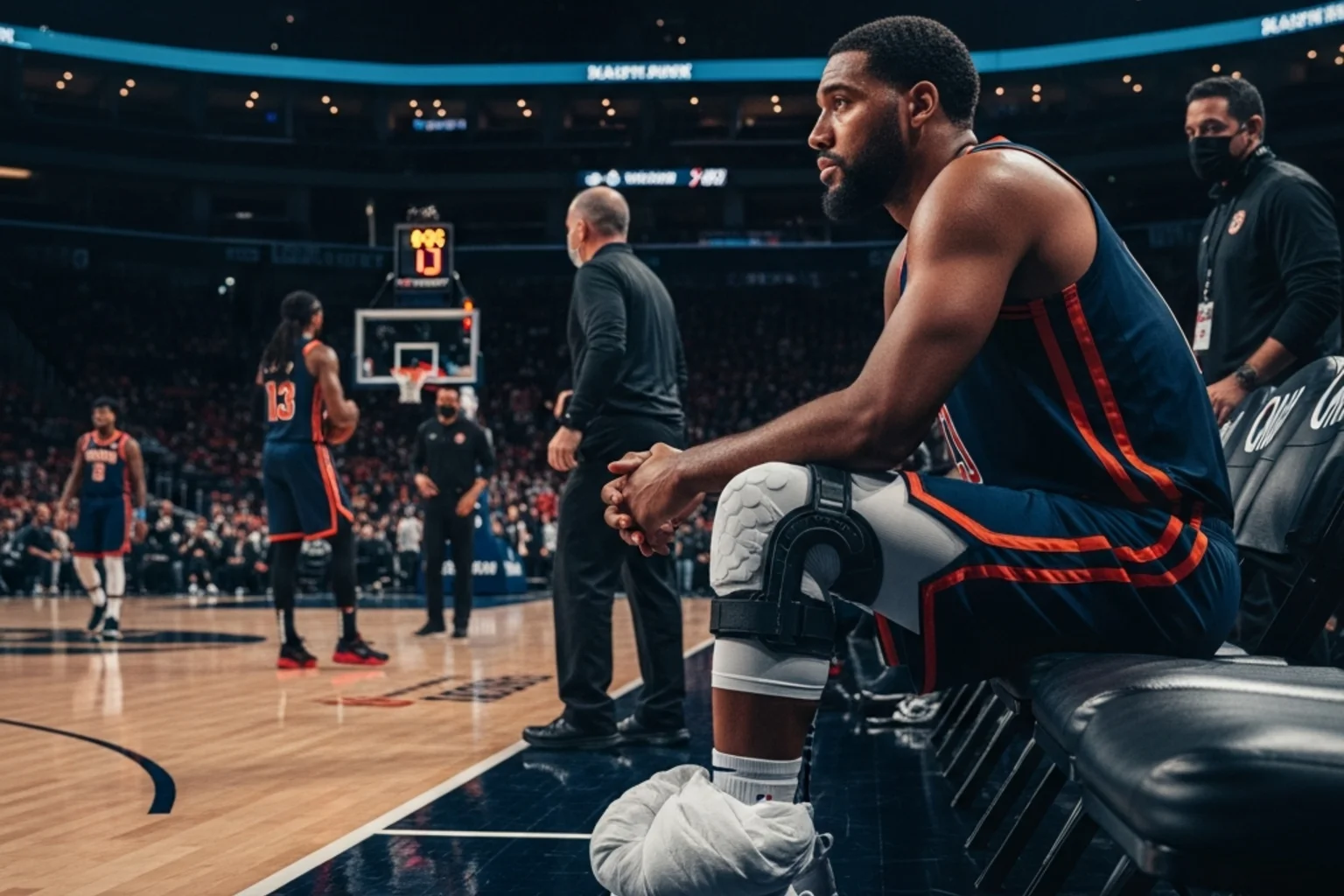 Jugador de baloncesto NBA sentado en el banquillo con vendaje en la rodilla durante un partido