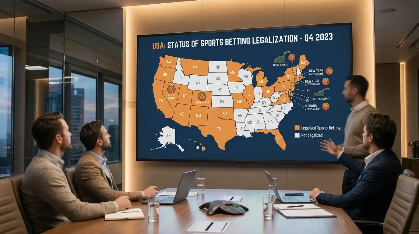 Mapa de Estados Unidos mostrando estados con apuestas deportivas legales y símbolo de baloncesto NBA