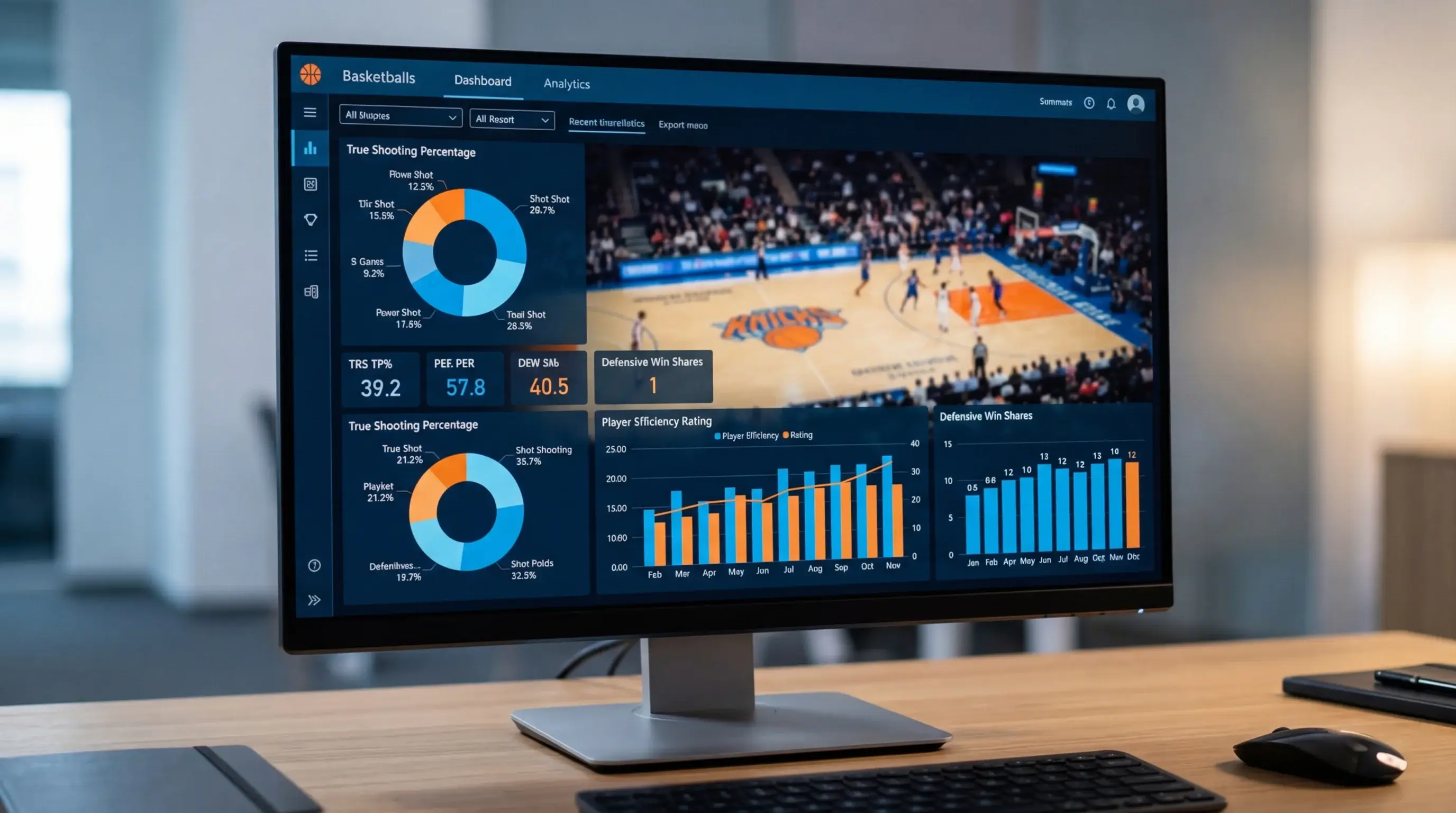 Pantalla con gráficos estadísticos y métricas de baloncesto NBA sobre fondo de cancha