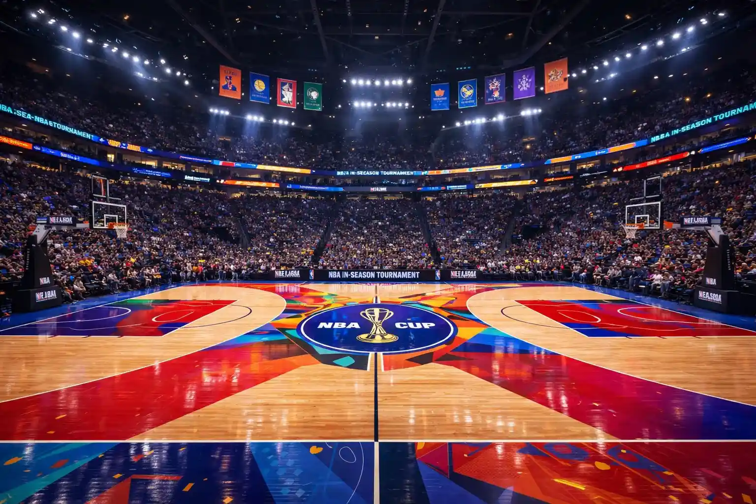 Cancha de baloncesto NBA con diseño especial de colores para el torneo NBA Cup
