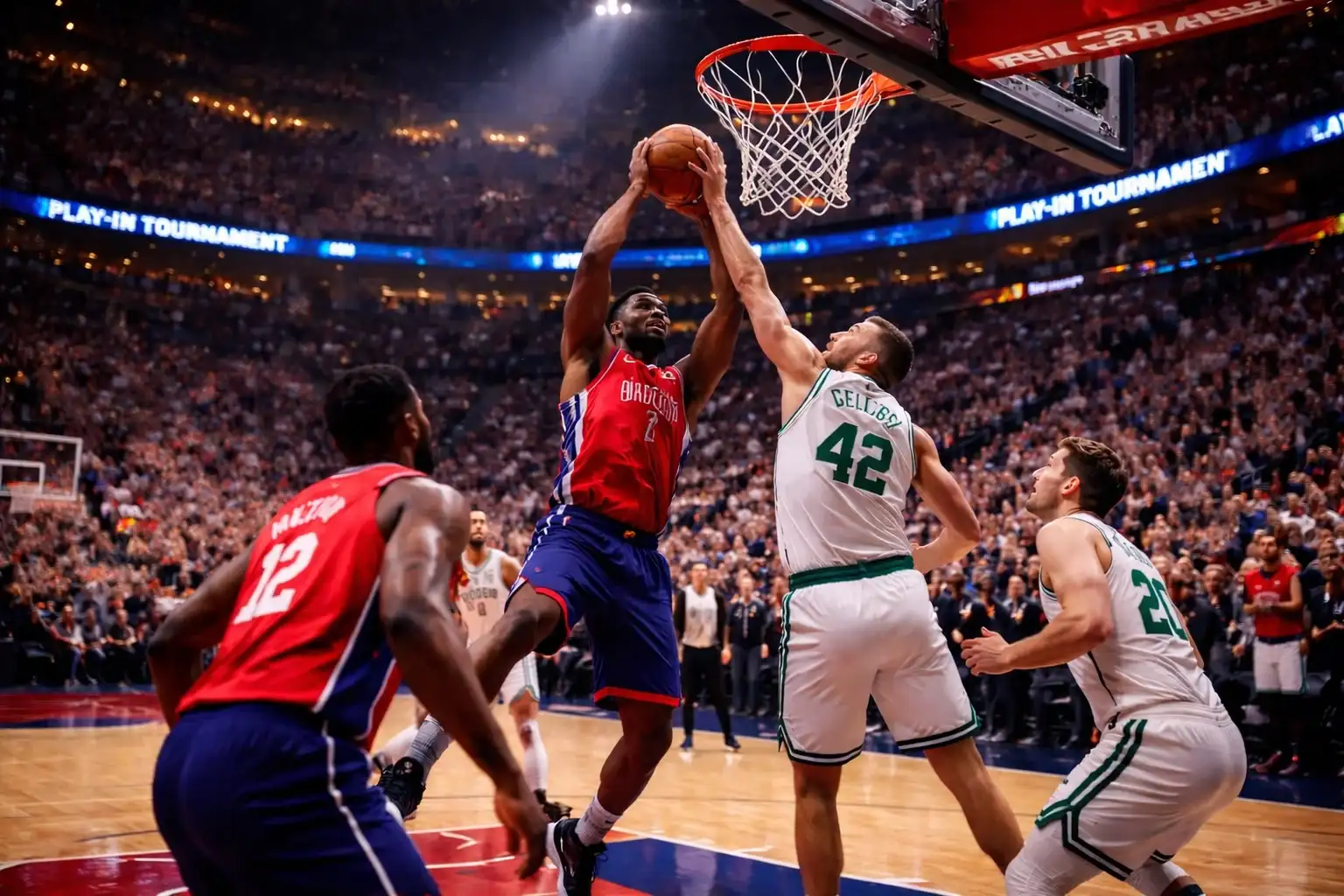 Jugadores de baloncesto NBA en un momento intenso de partido eliminatorio con público animando