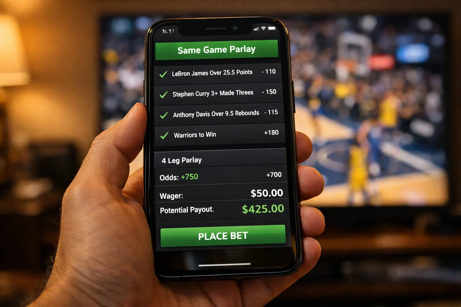 Pantalla de móvil mostrando boleto de apuestas combinadas con partido de baloncesto NBA de fondo