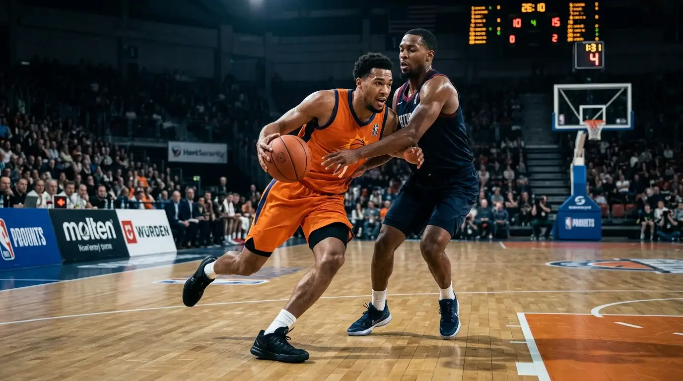 Jugadores de baloncesto NBA en acción con iconos representando diferentes tipos de apuestas deportivas